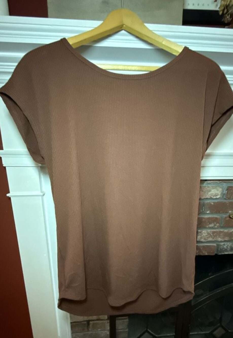 Rebel Society Brown Ribbed Short Sleeve Top with Curved Hem